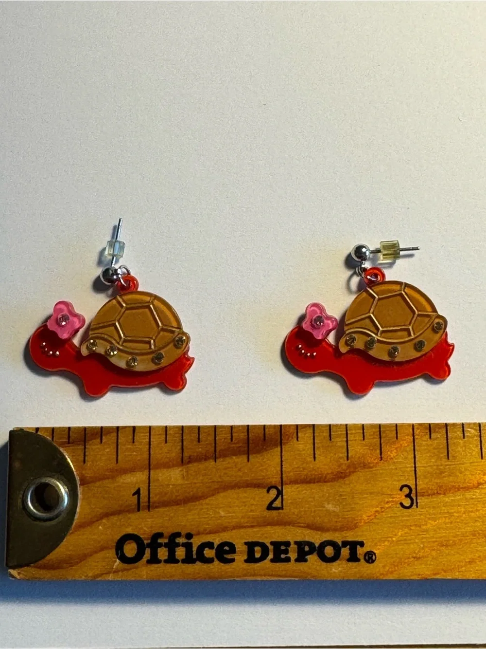 Red Turtle Drop Earrings with Pink Flower Accent
